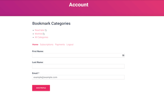 A MemberPress page showing account categories
