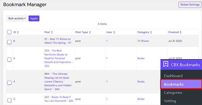 ブックマークマネージャーページを表示