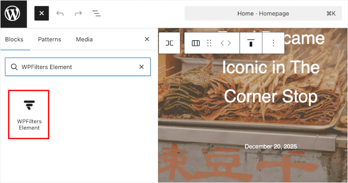 Adăugarea blocului WPFilters Element