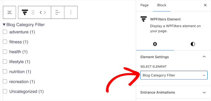 Alegerea elementului WPFilters din meniul derulant