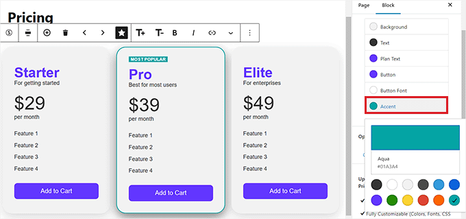 Change accent color in the pricing table