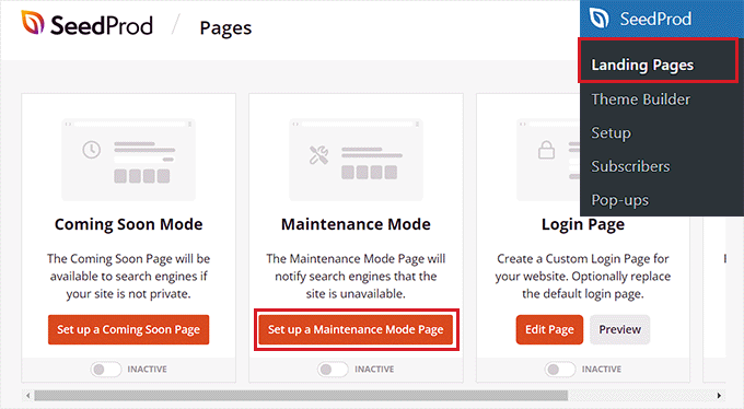 Click the Set up maintenance mode page button