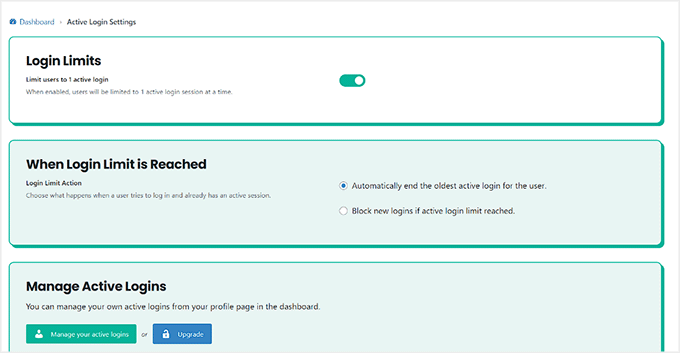 Tableau de bord de connexion persistante