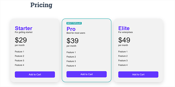 pricing table preview