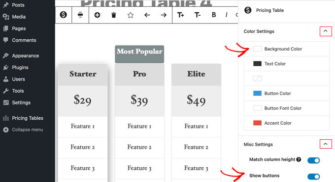 Pricing Table Settings