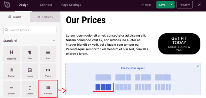 Start by Adding a Column Block to Your Landing Page