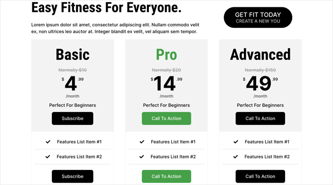 SeedProd Pricing Table Preview