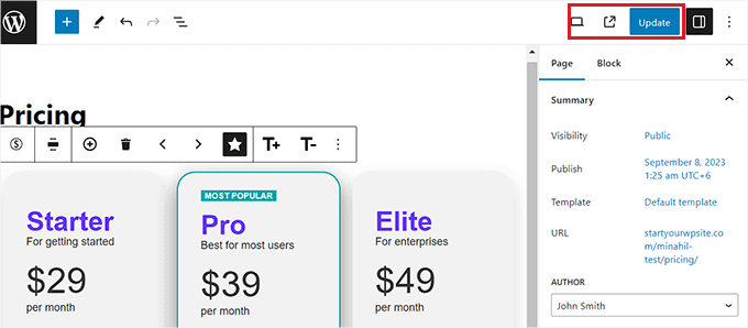 Save and publish pricing page