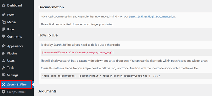 The Search and Filter plugin documentation page