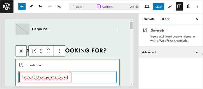 Inserting the search form shortcode in the block editor