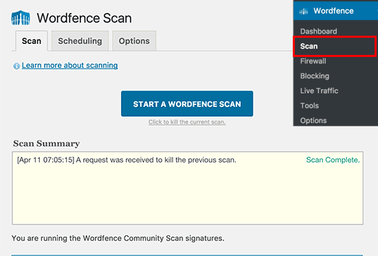 Start a Wordfence scan