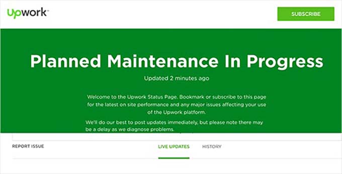 Upwork maintenance page with status updates