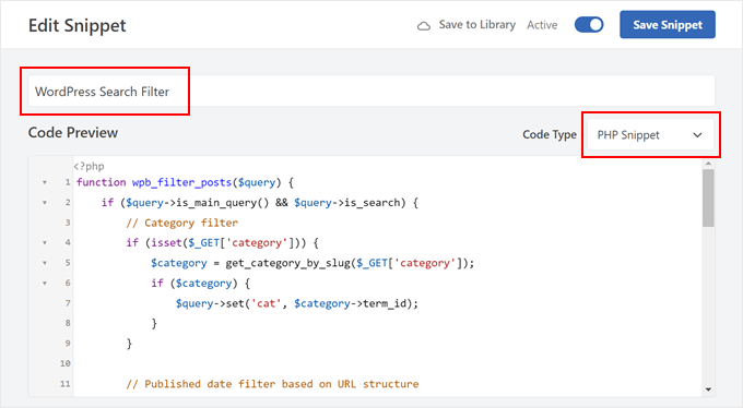 Adding the WordPress Search Filter code in WPCode