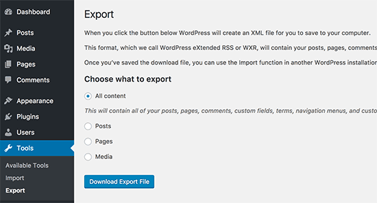 Download WordPress export file