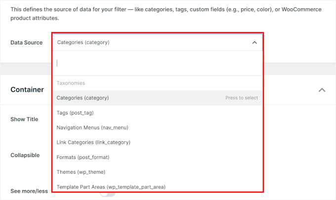 Alegerea unei surse de date pentru element