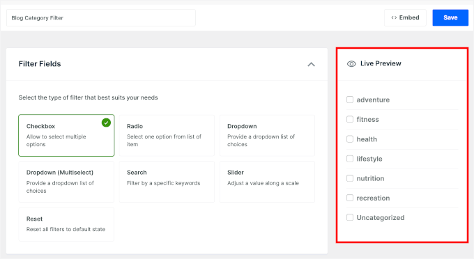 Previzualizare live a elementului WPFilters