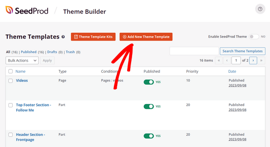 Click the Add New Theme Template button to create author page