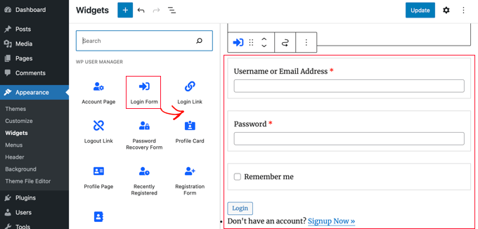 Add user login and profile link widget to sidebar