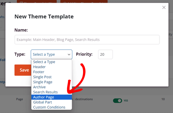 Select the Author page template type
