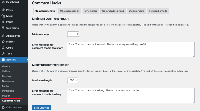 Comment Hacks settings page