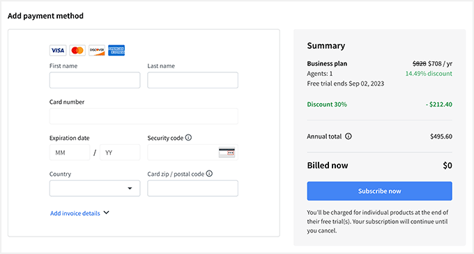 LiveChat payment form