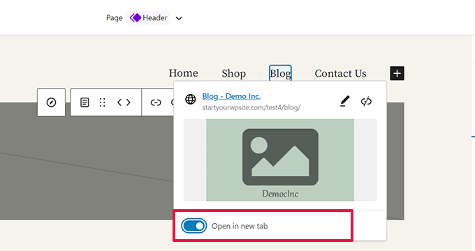 Open in new tab site editor