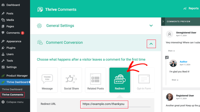 Redirecting Comments Using Thrive Comments