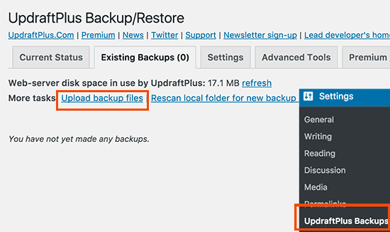 Upload your backup files
