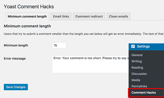 Yoast Comment Hacks settings page