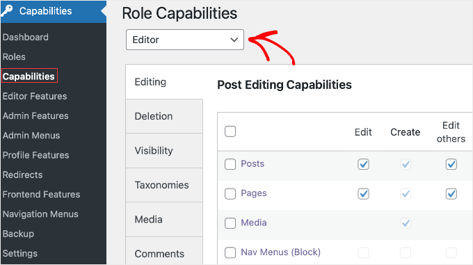 Choosing the Editor Role in PublishPress Cababilities