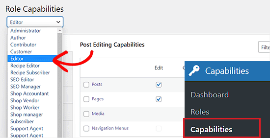 Choose editor from the role capabilities dropdown menu