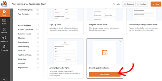 Choose user registration form template