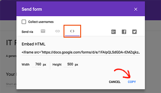 Copy your Google Forms embed code
