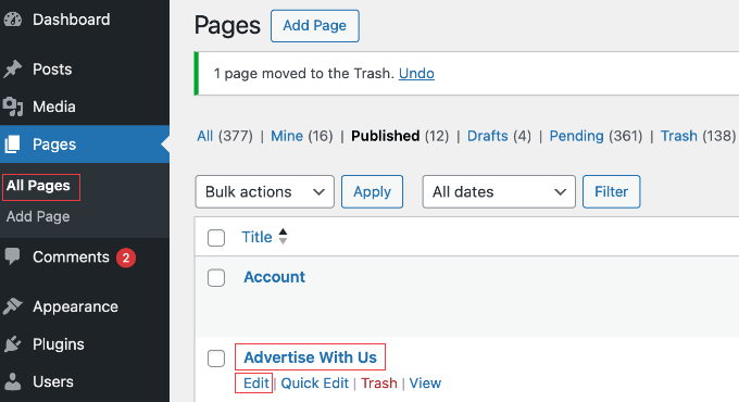 Editing a Page in WordPress