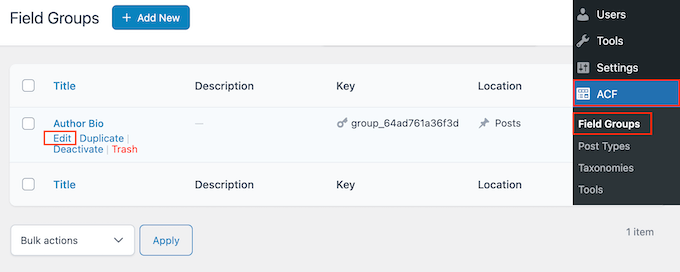 Editing a meta data field group