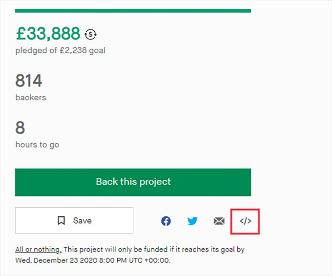 Click the embed button on your Kickstarter page