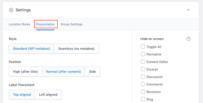 ACF's presentation settings in the WordPress dashboard