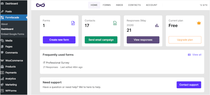 Formfacade's main dashboard with form, contact, and response overviews Formfacade's main dashboard with form, contact, and response overviews