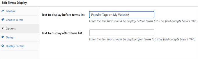 Add text that you want to be displayed before and after your list of tags