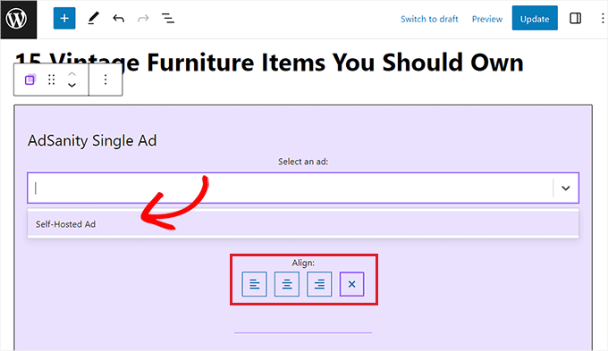 Choose Ad from dropdown menu