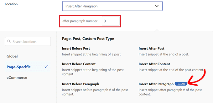 Choose Insert After Paragraph as the snippet location