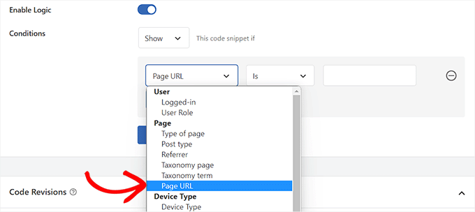 Choose the Page URL option from the dropdown menu on the left