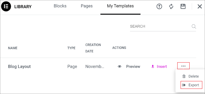 Export page layout template