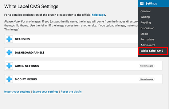 White Label CMS settings