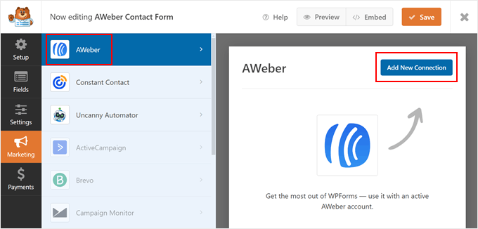 Adding a new AWeber connection in WPForms