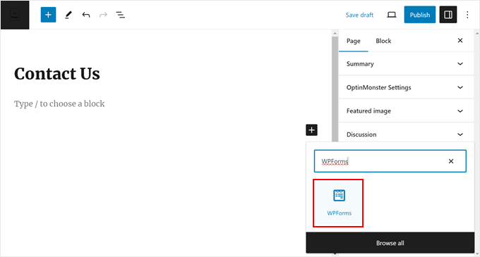 Inserting the WPForms block in the block editor