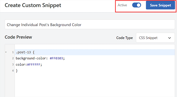 Activate the CSS code snippet for the individual post