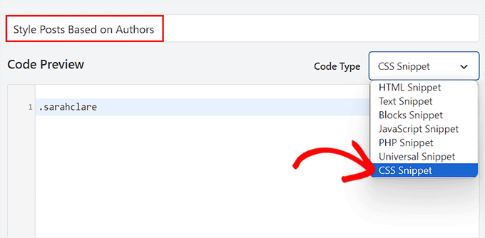 Add the author's name in the code preview box