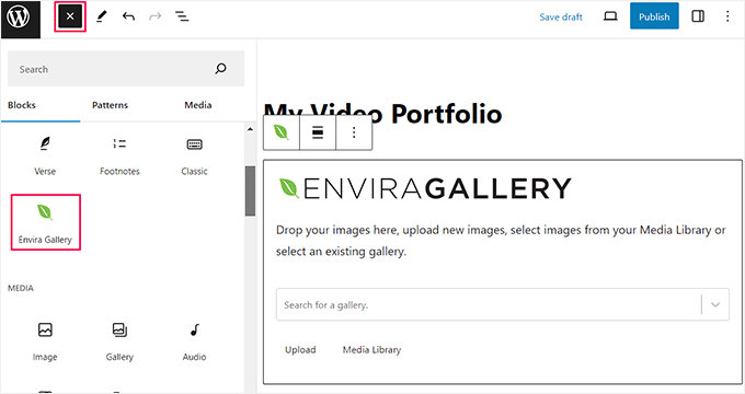 Add the Envira Gallery block for the video portfolio