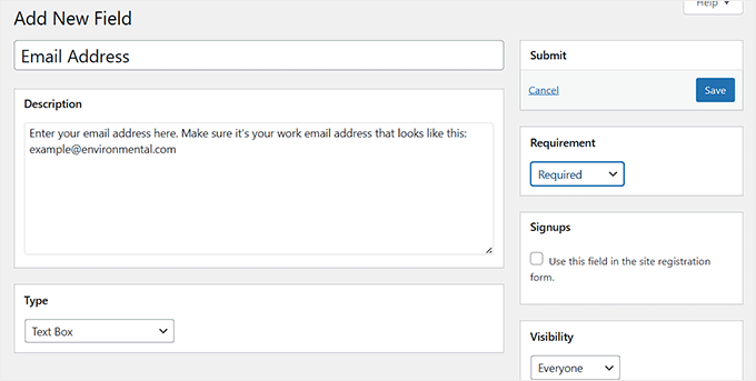 Geben Sie einen Namen und eine Beschreibung für das Profilfeld in BuddyPress ein Geben Sie einen Namen und eine Beschreibung für das Profilfeld in BuddyPress ein